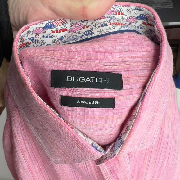 Bugatchi Men's Shirt 100% Linen L Large Pink Striped Long Sleeve Button-Down Sha - Picture 4 of 8